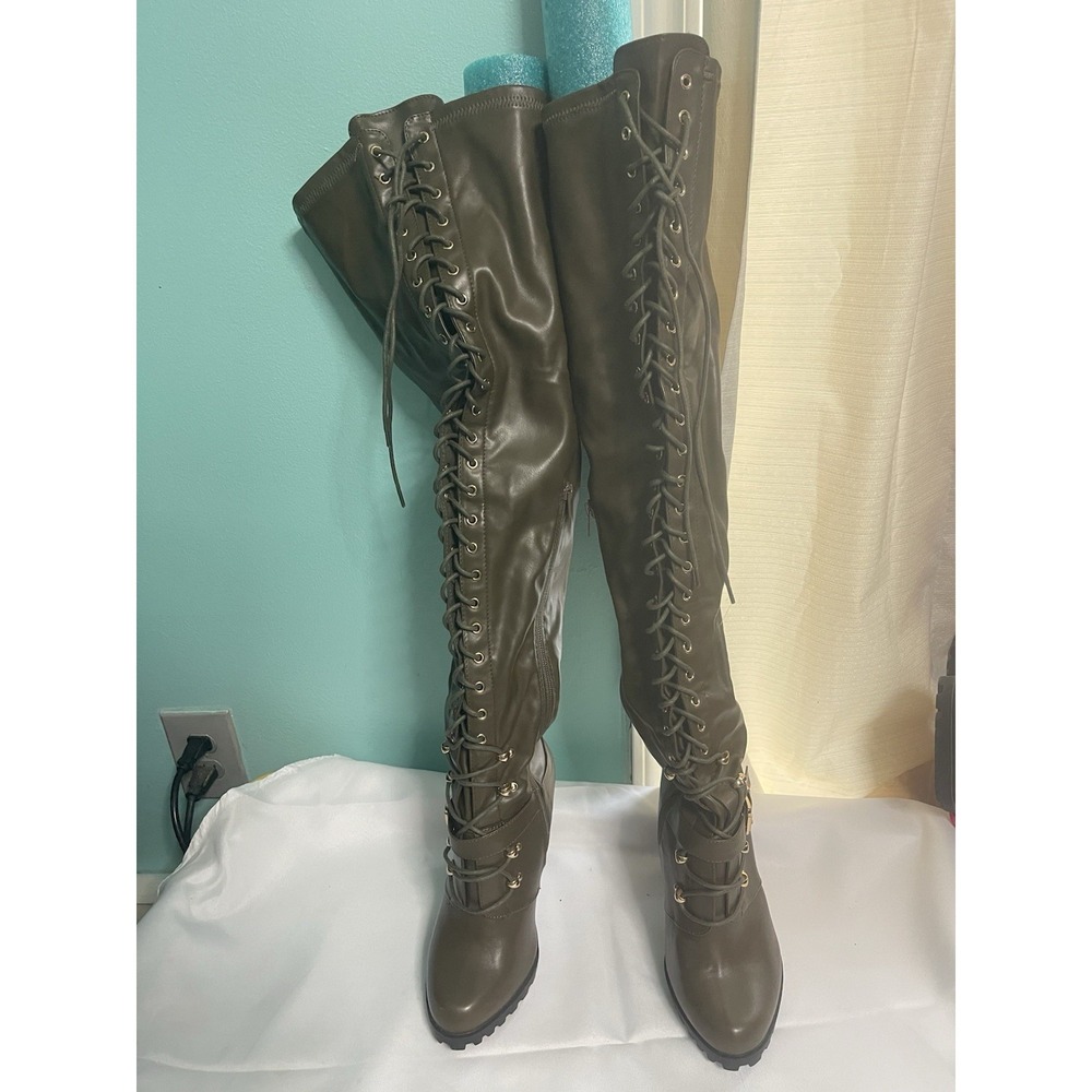 Faux Leather  Knee Boot Army‎ Green Women size 8 New